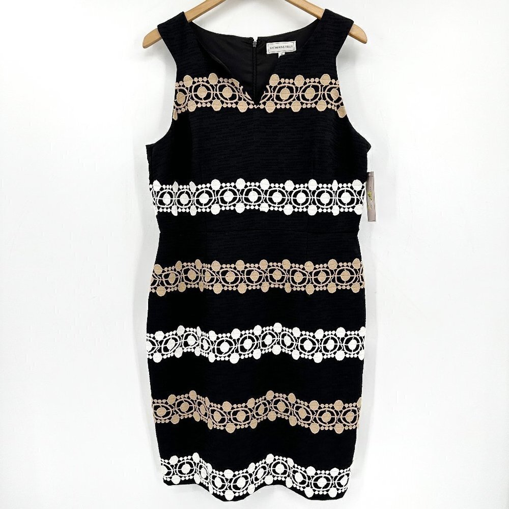Katherine Kelly Black Marjorie Lace Sheath Sleeveless V-Neck Classic 14 Dress